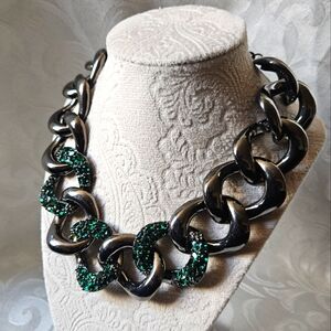 KJL Chunky Gunmetal Green Rhinestone Pave Link Necklace